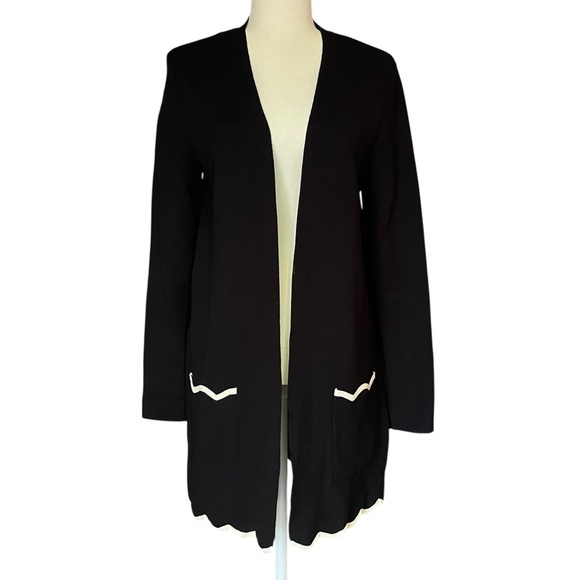 Talbots Long Scalloped Cardigan Open Front Lockets Black White Womens Small - Picture 1 of 7